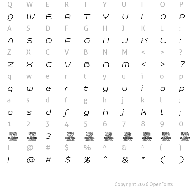 Character Map of Roona Sans Light PERSONAL Italic