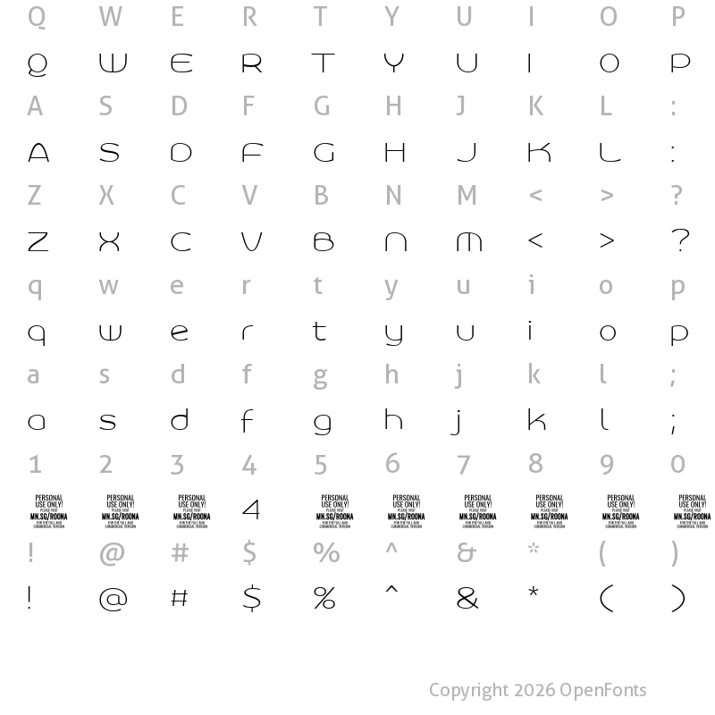 Character Map of Roona Sans Thin PERSONAL Regular