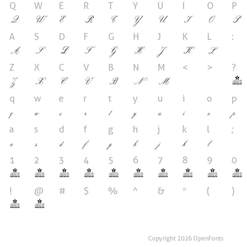 Character Map of ROSEMARRYE SCRIPT PERSONAL USE Italic