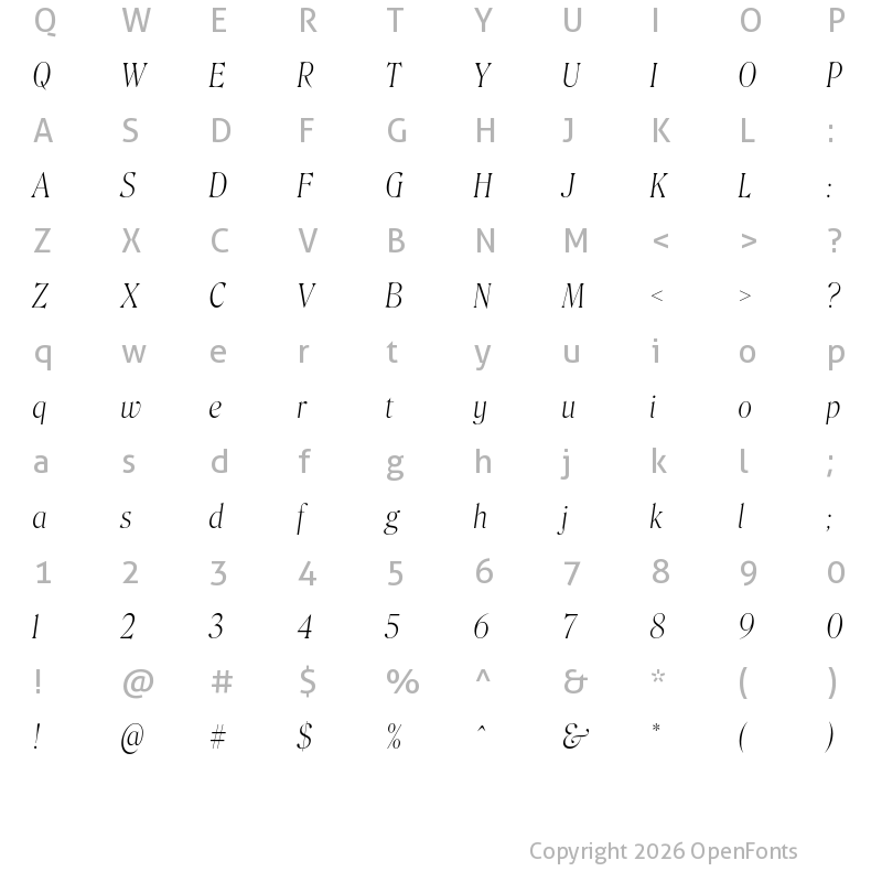 Character Map of Roslindale Display Condensed Extra Light Italic