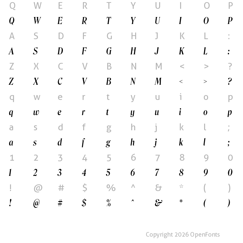 Character Map of Roslindale Display Condensed Medium Italic