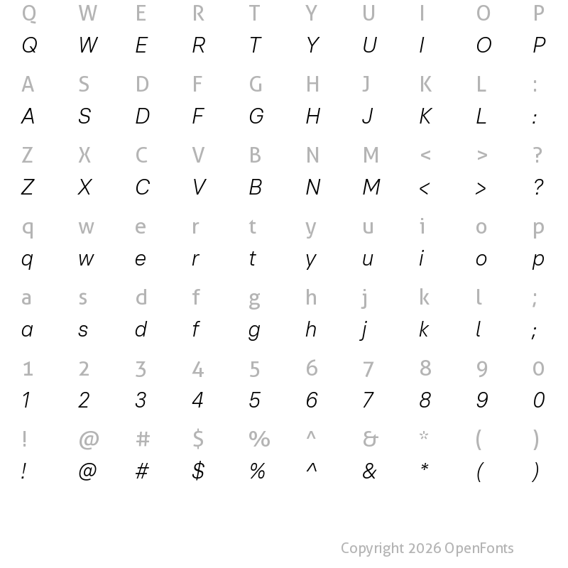 Character Map of RTL United Text Light Italic