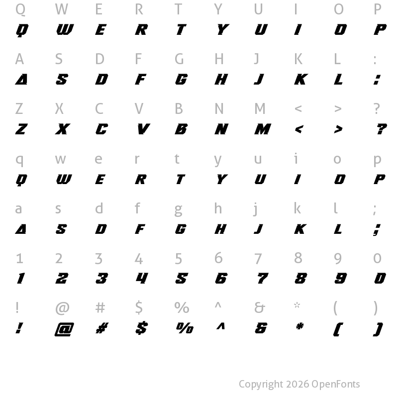 Character Map of Rush Driver Italic