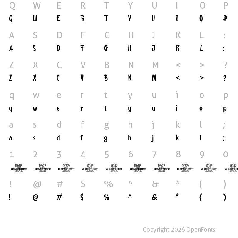 Character Map of Rusty Forest PERSONAL USE Regular