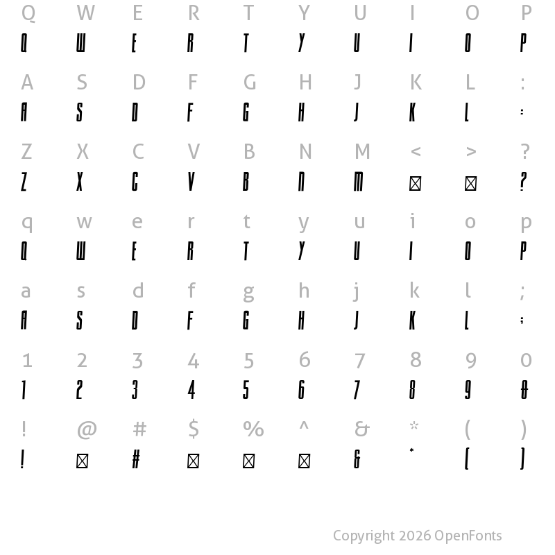 Character Map of Sacco SemiBold Condensed Oblique