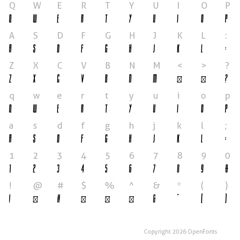 Character Map of Sacco SemiBold ExtraCondensed Oblique