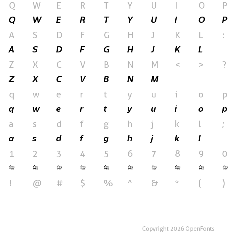 Character Map of Sanshiro Demo Semi Bold Italic