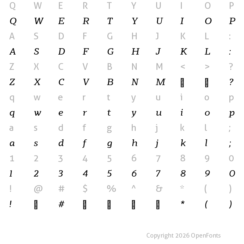 Character Map of Scharf Italic