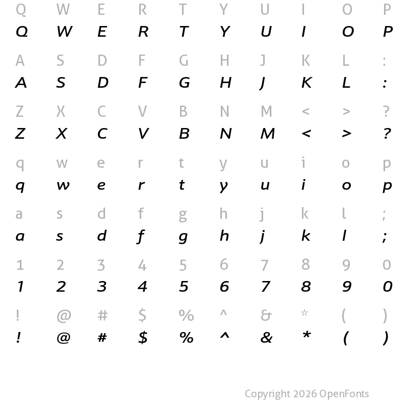 Character Map of Schnebel Sans ME Expand Medium Italic
