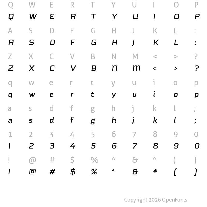Character Map of Schwager Sans Bold Italic