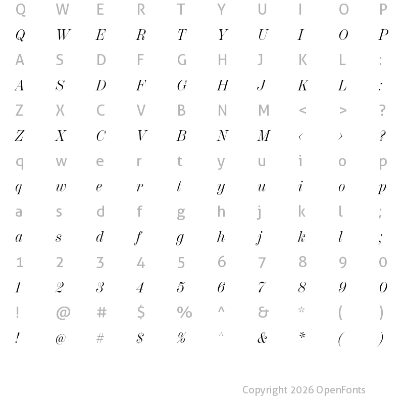Character Map of Scotch Display Condensed Italic