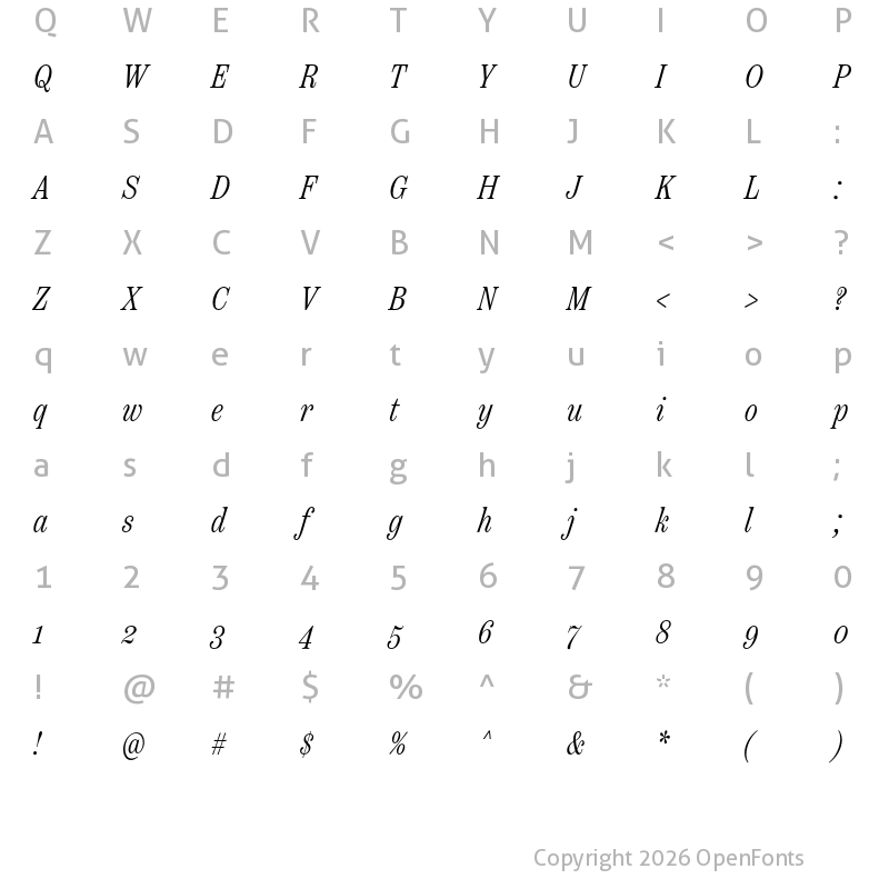 Character Map of Scotch Text Compressed Light Italic