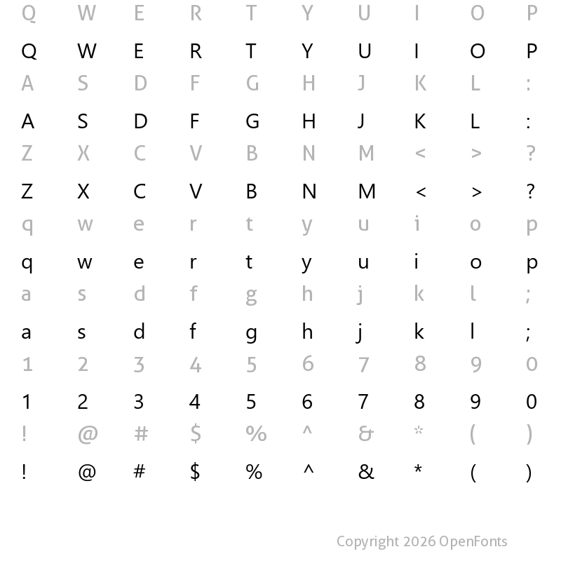 Character Map of Segoe UI No Gridfitting in Smoo Regular