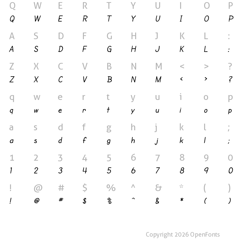 Character Map of SF Cartoonist Hand Regular
