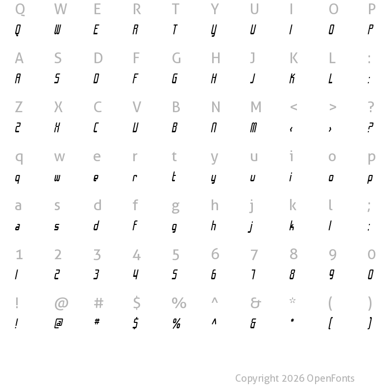 Character Map of SF Chrome Fenders Condensed Oblique