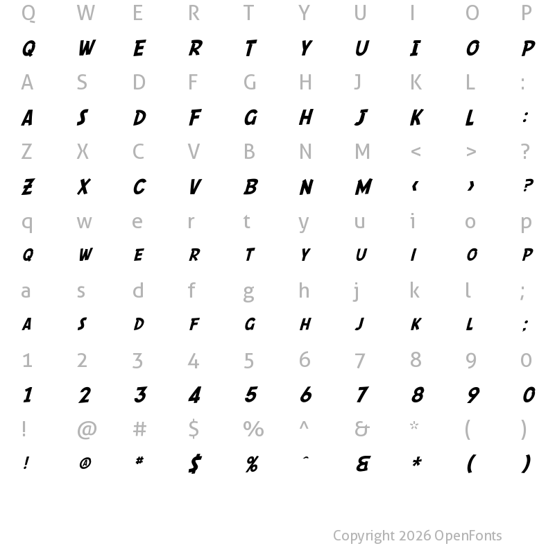 Character Map of SF Comic Script Regular