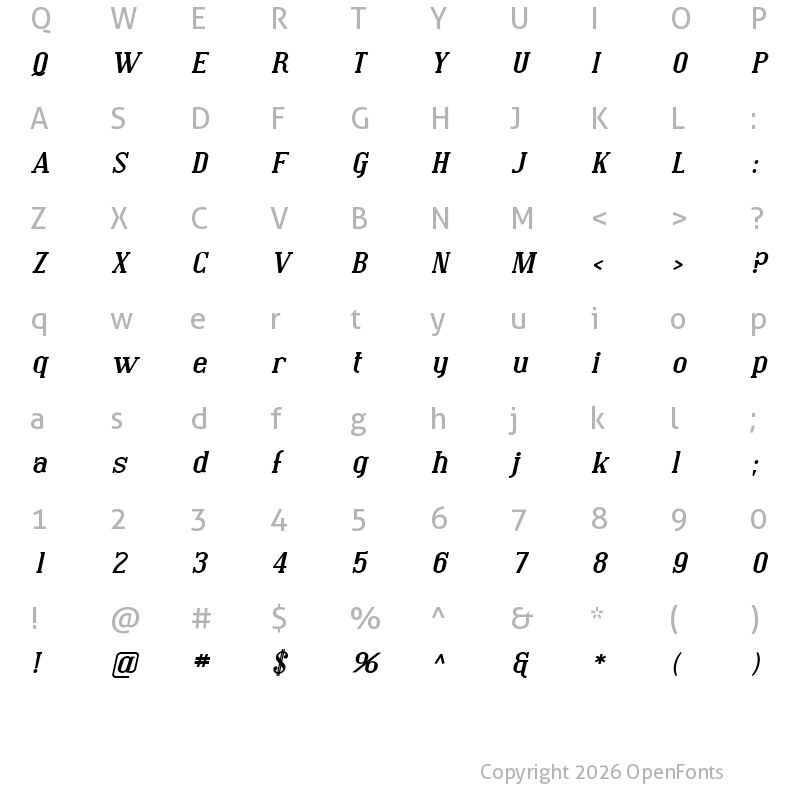 Character Map of SF Covington Exp Bold Italic