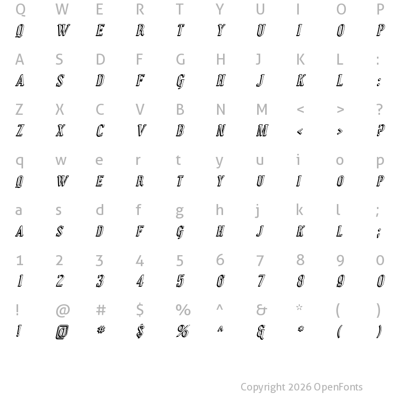 Character Map of SF Covington SC Shadow Italic