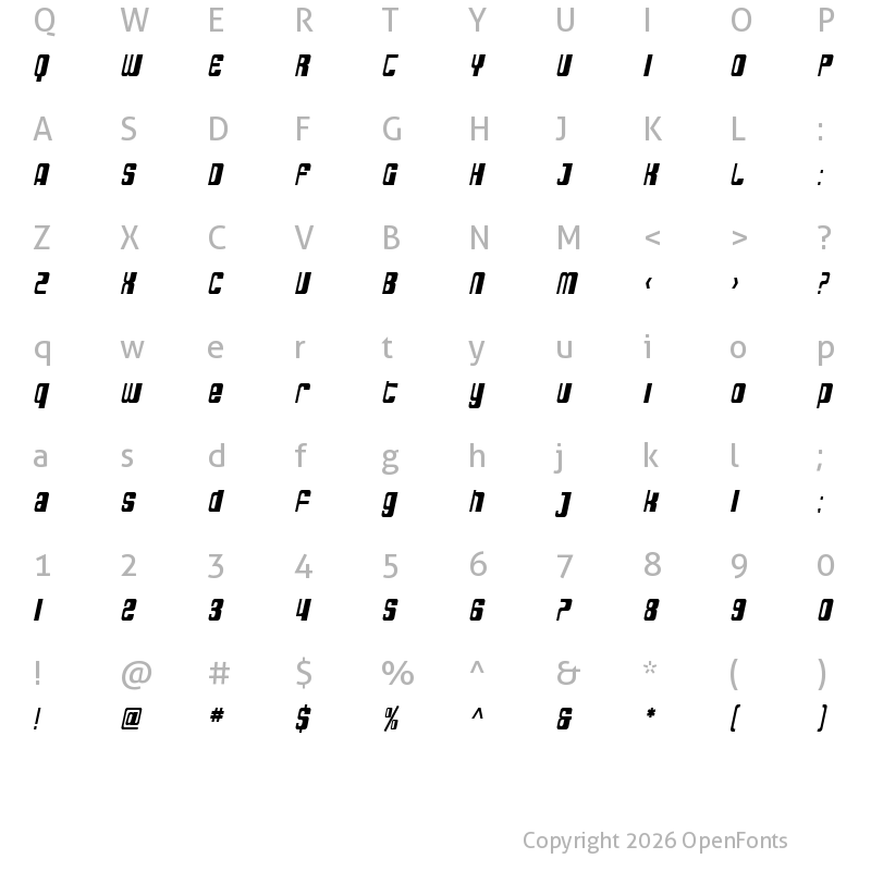 Character Map of SF DecoTechno Condensed Oblique