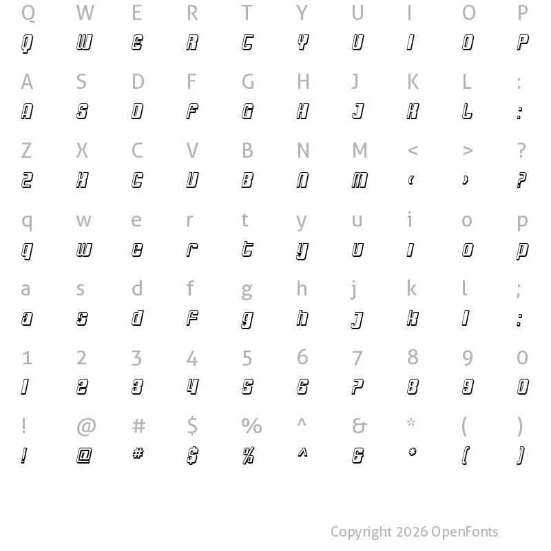 Character Map of SF DecoTechno Shaded Oblique