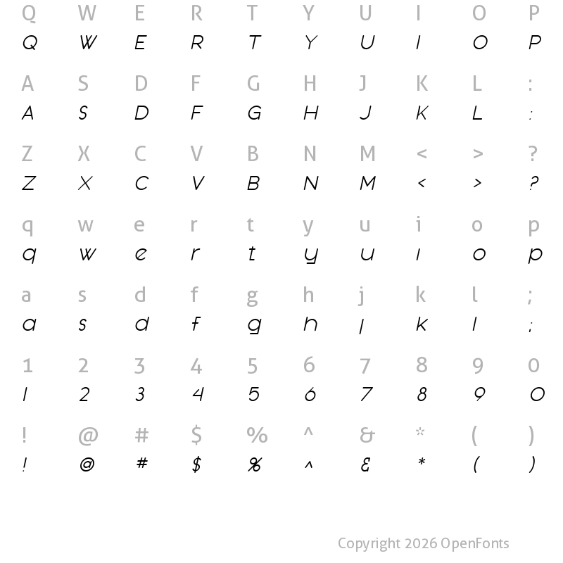 Character Map of SF Orson Casual Light Oblique