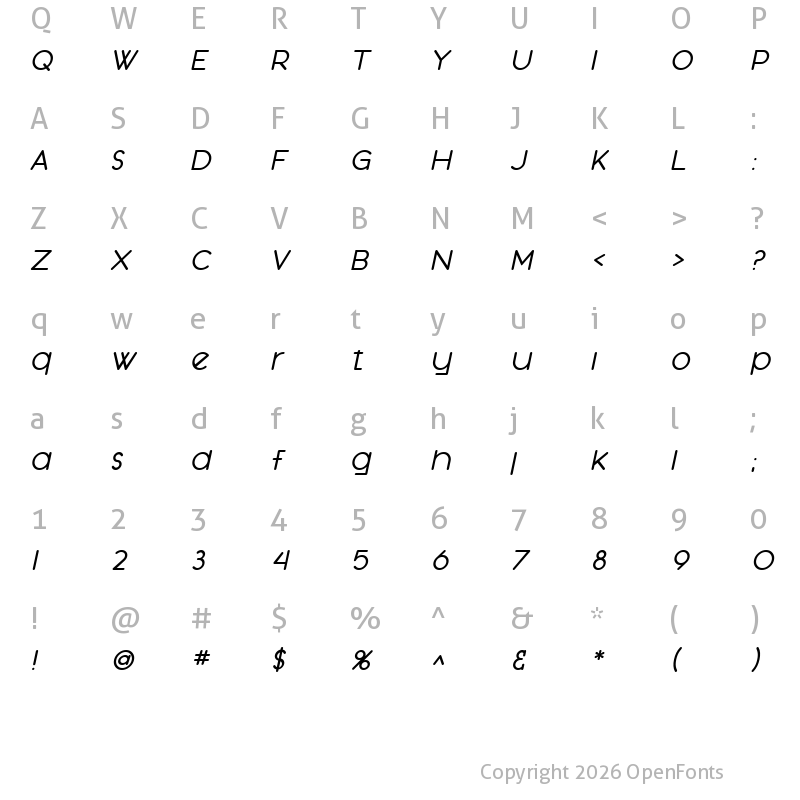 Character Map of SF Orson Casual Medium Oblique