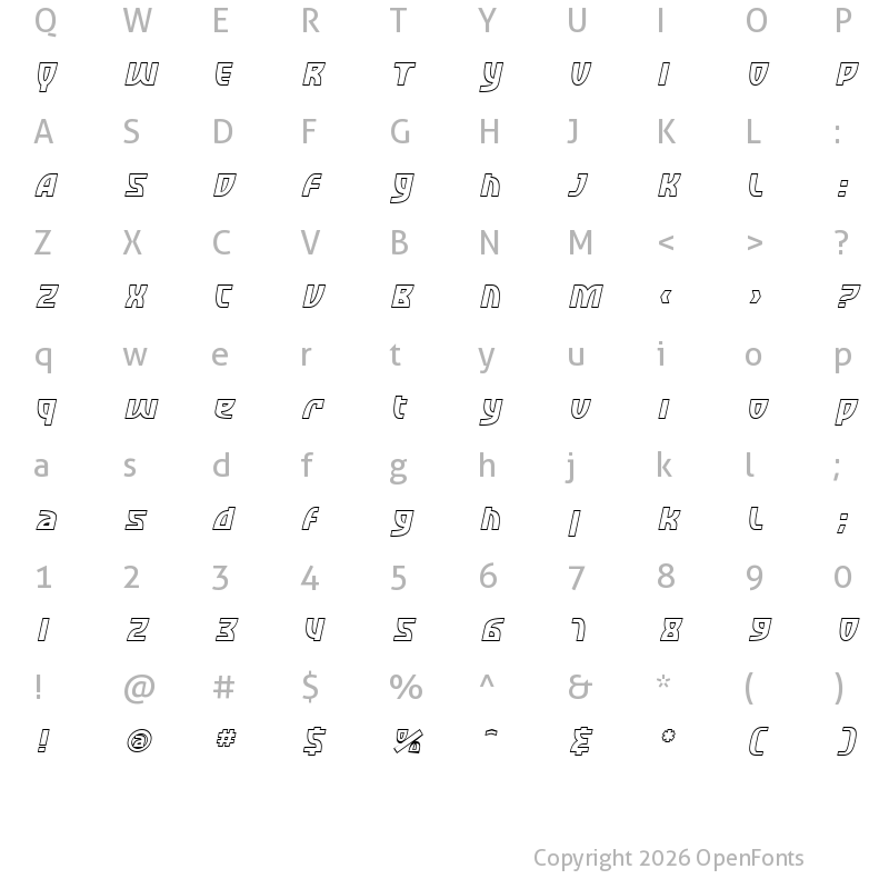 Character Map of SF Retroesque Outline Oblique