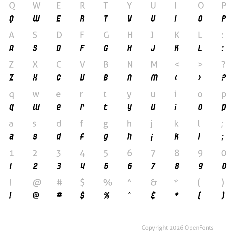 Character Map of SF Speedwaystar Italic