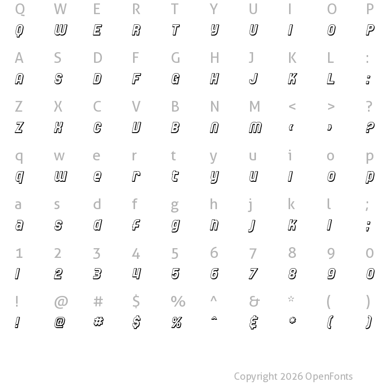 Character Map of SF Speedwaystar Shaded Oblique