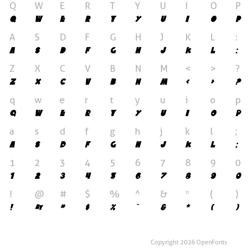 Character Map of SF Tattle Tales Bold Italic