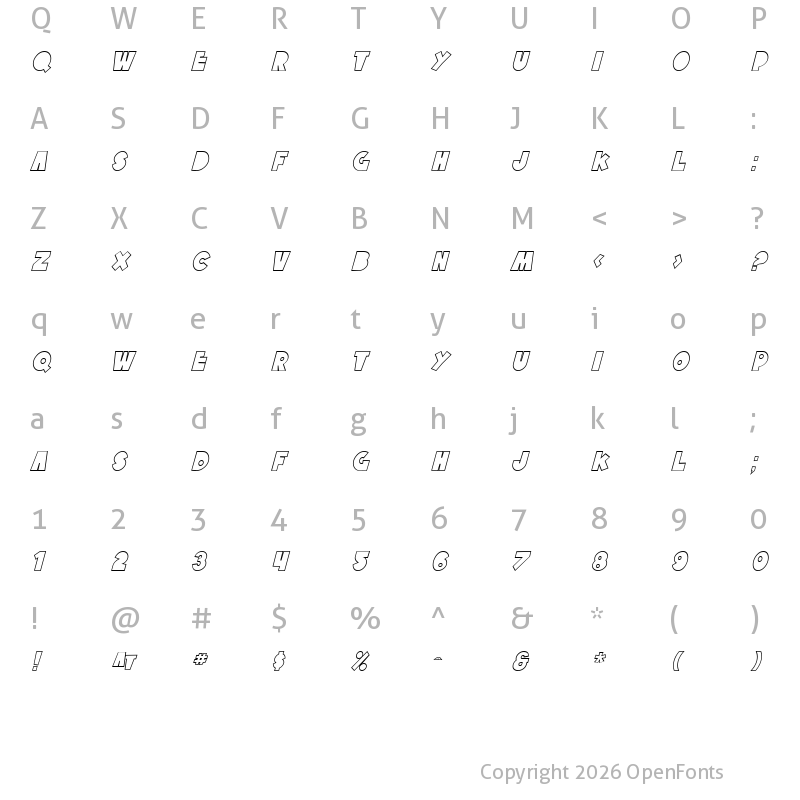 Character Map of SF Tattle Tales Outline Italic