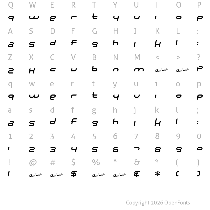 Character Map of SF Technodelight NS Bold Italic