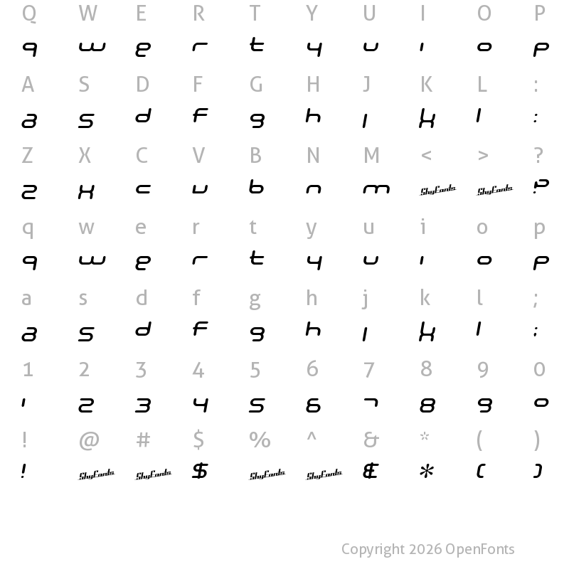 Character Map of SF Technodelight NS Italic