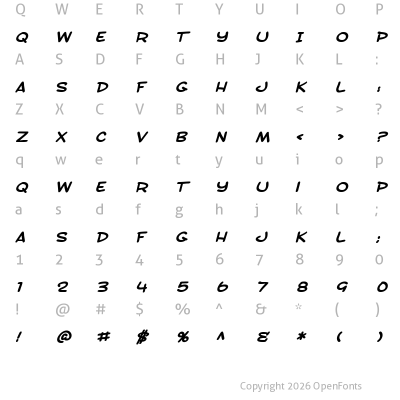 Character Map of SF Toontime Extended Bold Italic