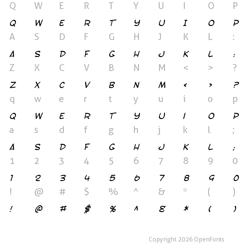 Character Map of SF Toontime Italic