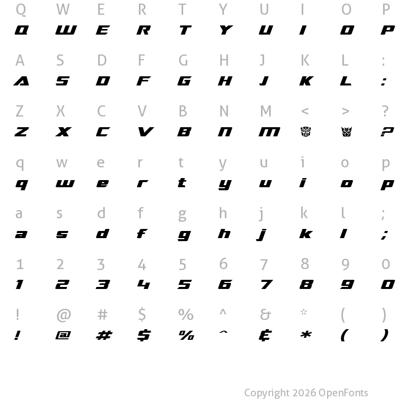 Character Map of SF TransRobotics Extended Italic