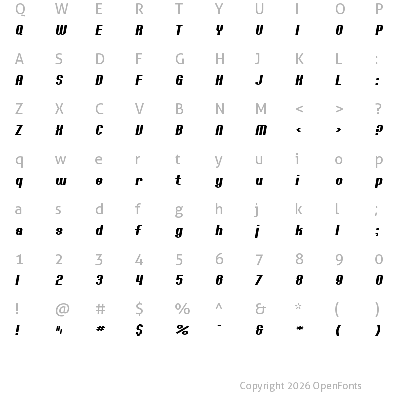 Character Map of SF Willamette Extended Bold Italic