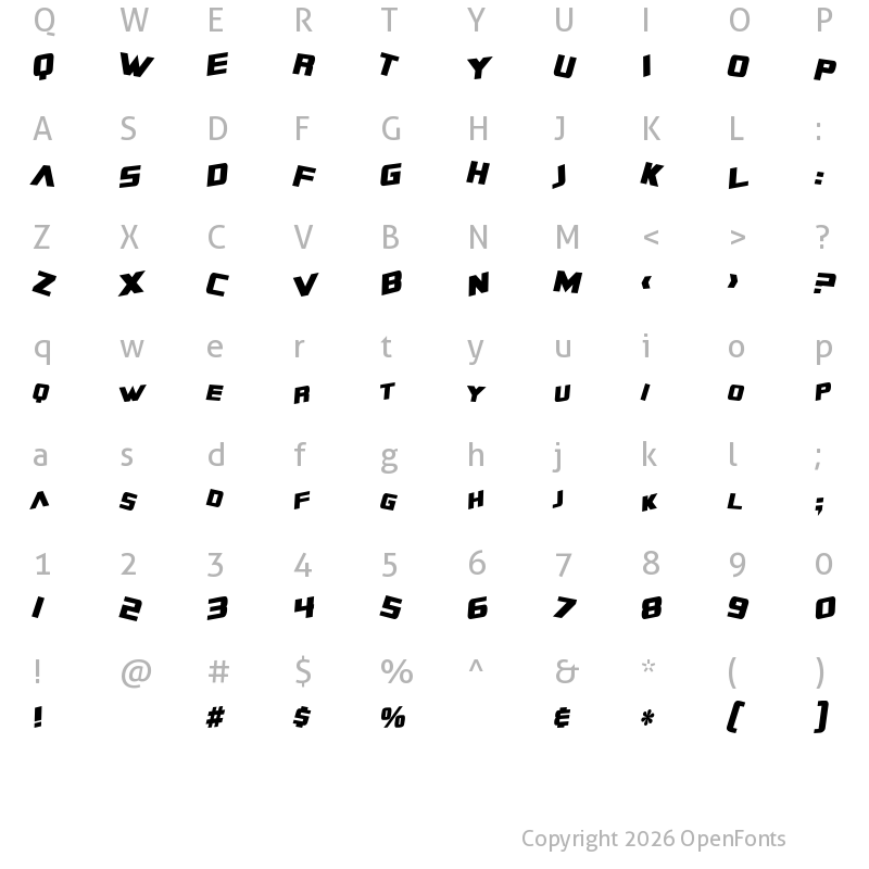Character Map of SF Zero Gravity Condensed Bold Italic