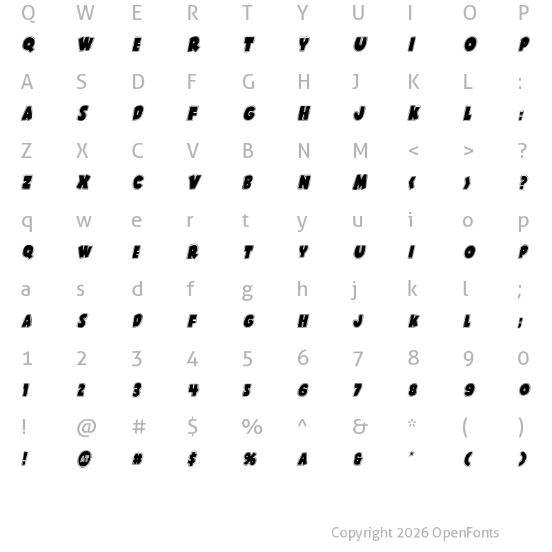 Character Map of Shablagoo Academy Italic Italic