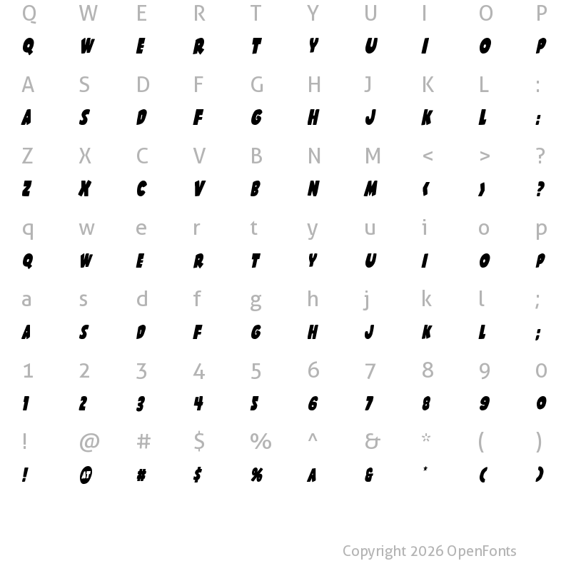 Character Map of Shablagoo Condensed Italic Condensed Italic