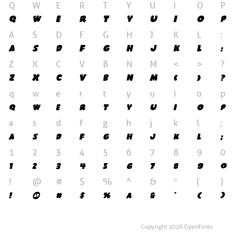 Character Map of Shablagoo Expanded Italic Expanded Italic