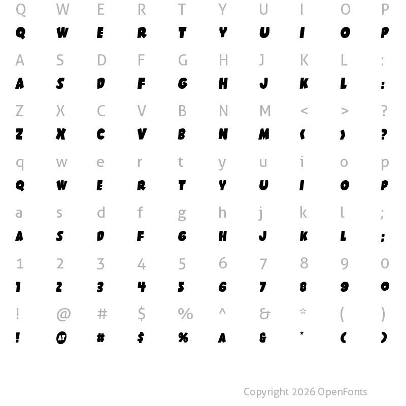 Character Map of Shablagoo Semi-Italic Semi-Italic