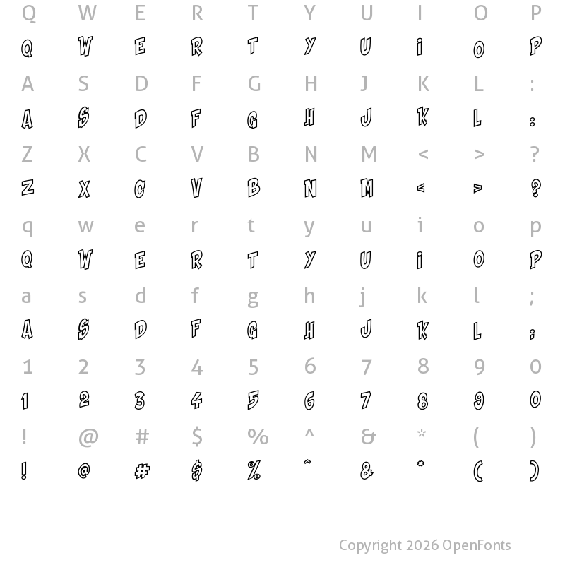 Character Map of Shaka Pow Upright Hollow Regular