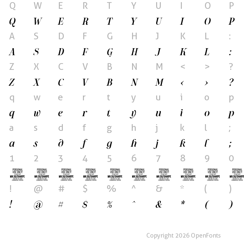 Character Map of Sharpe PERSONAL Medium Italic