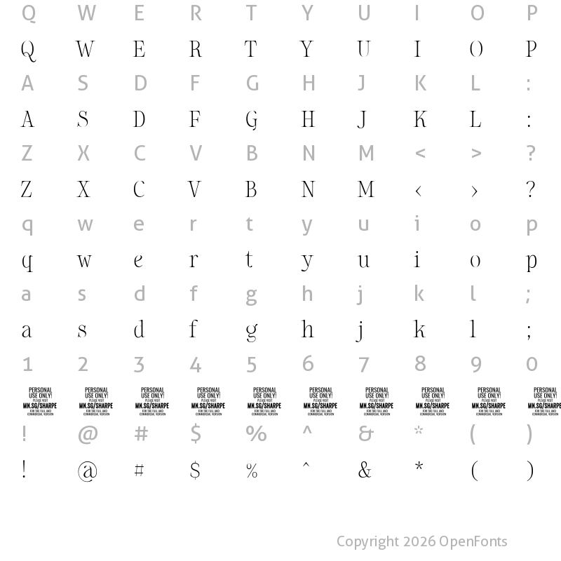 Character Map of Sharpe PERSONAL Thin