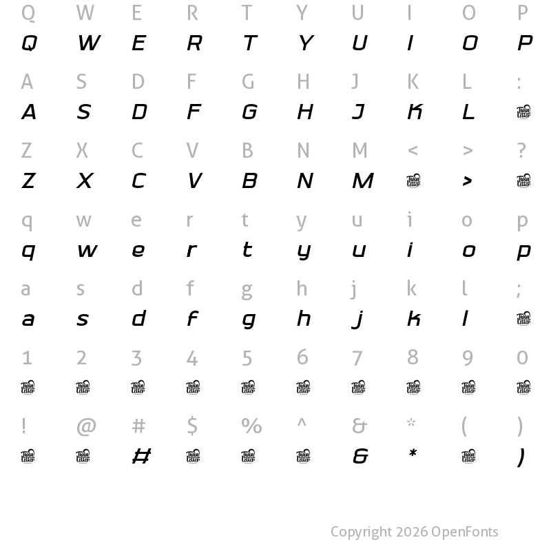 Character Map of SHARUNG Personal use Extra Light Slanted