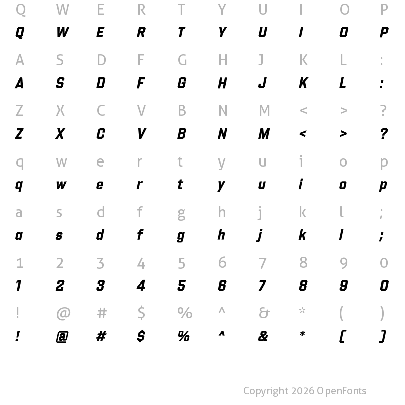 Character Map of Shuttleblock Narrow Bold Italic