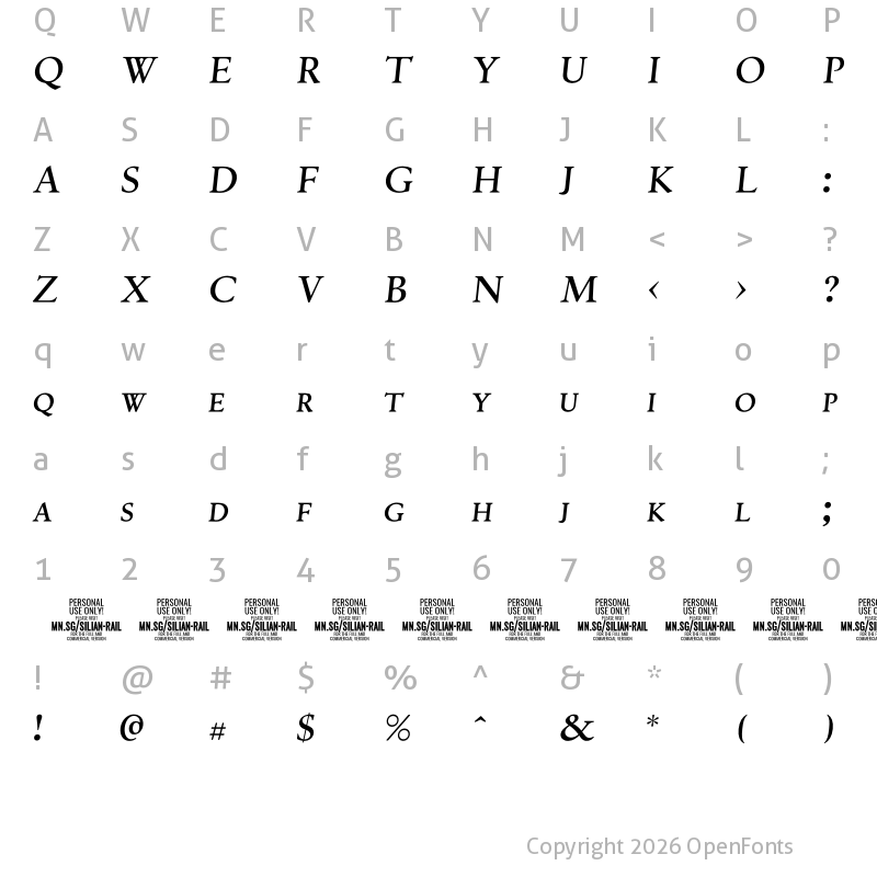 Character Map of Silian Rail PERSONAL USE Light Italic
