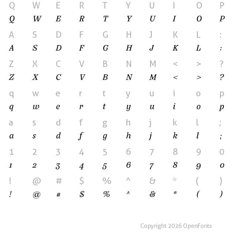 Character Map of Silva Text Book Italic