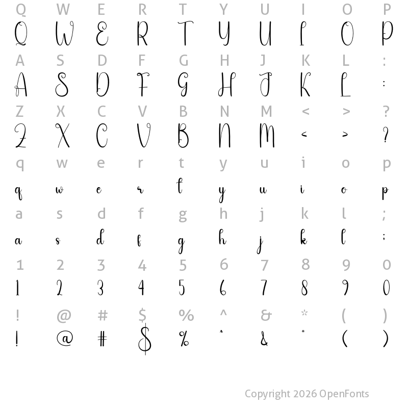 Character Map of Simple Calligraphy Regular